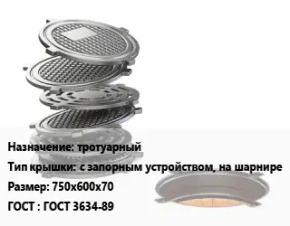 Люк чугунный тротуарный с запорным устройством, на шарнире 750х600х70 ГОСТ: ГОСТ 3634-89